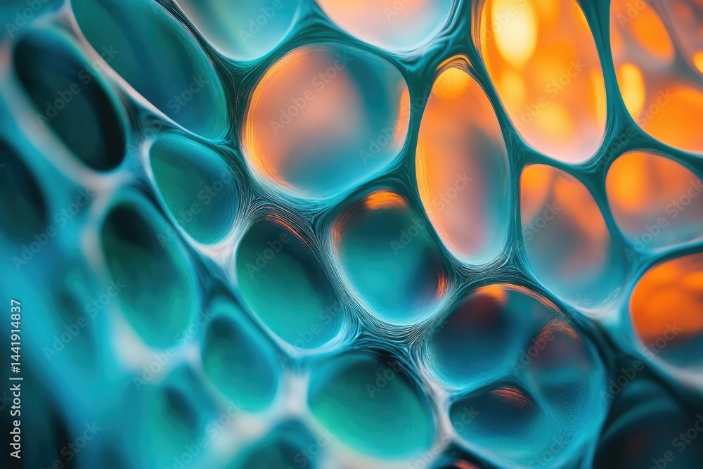 Poster abstract close-up of vibrant teal and orange interconnected cellular structures, resembling organic 