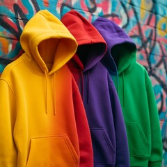 Close-up shot of vibrant, hooded sweatshirts in various bold colors hanging on a graffiti-covered wall.
