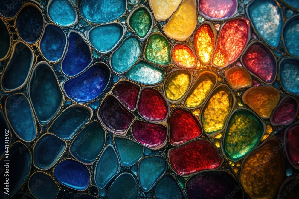Poster abstract artwork depicting a vibrant mosaic of colorful, irregularly shaped stones arranged in a rad