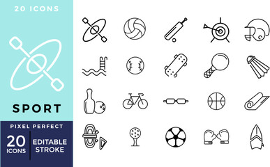 Sport Icon Set – 20 Flat Outline Vector Icons Editable Stroke of water sport, beach, outdoor, indoor, extreme sports symbols