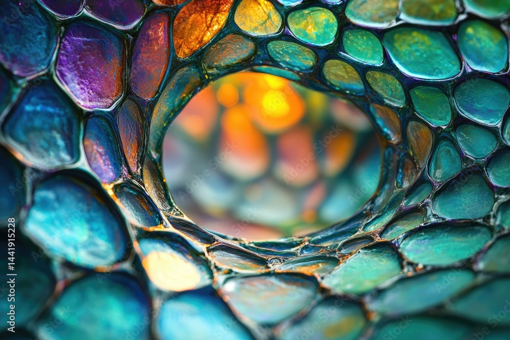 Poster abstract close-up of iridescent, gemstone-like scales forming a swirling, textured pattern.