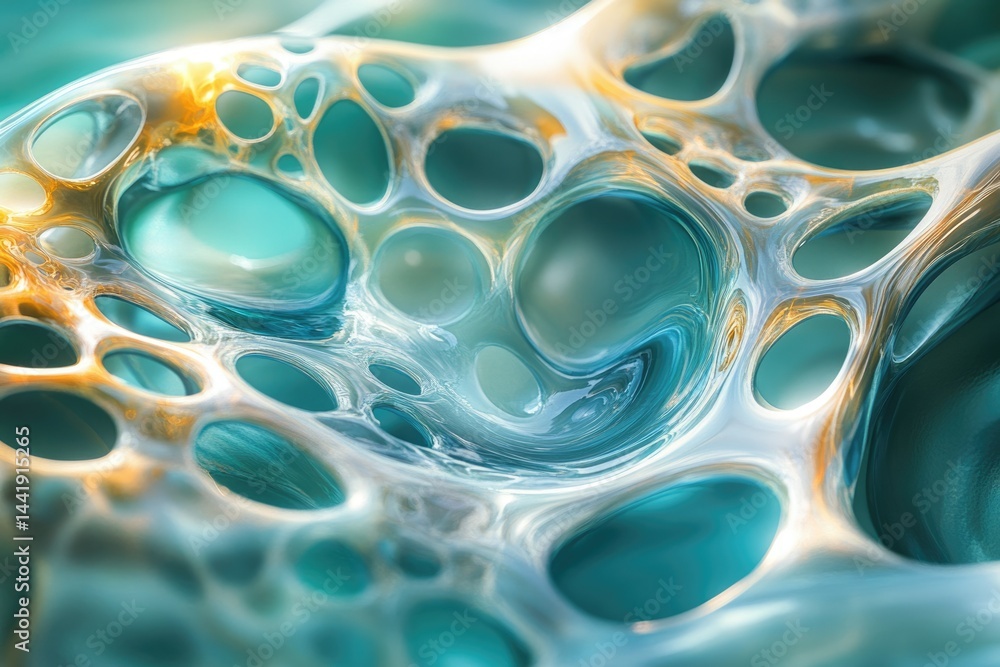 Poster Abstract image of a turquoise and gold organic structure with interconnected cavities resembling a complex network.