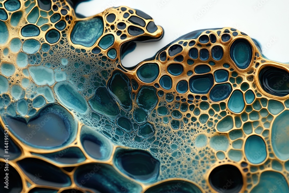 Poster abstract art featuring teal and gold fluid acrylic pouring, creating organic cell-like structures.