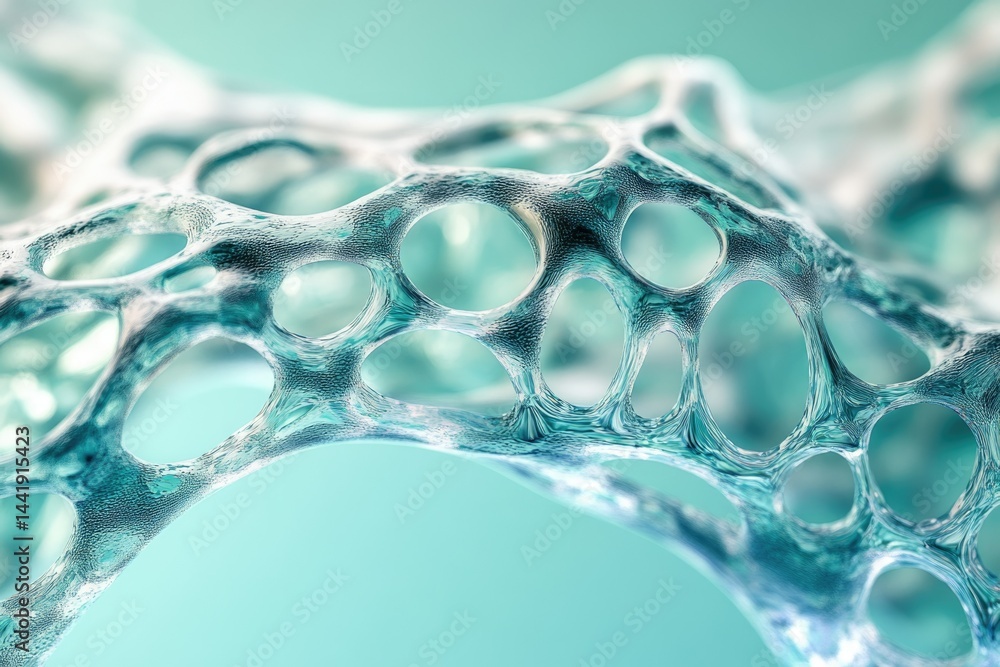 Poster Microscopic view of a porous, interconnected structure, possibly representing a network of cells or a material with high porosity.