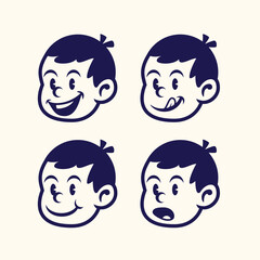 Set of four cute cartoon boy faces with playful, funny expressions. Ideal for stickers, branding, kids’ designs, emojis, and comic illustrations