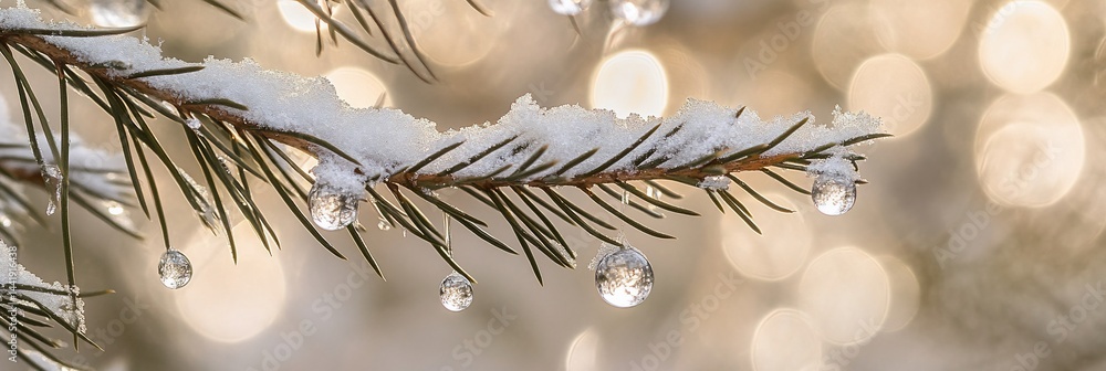 Poster snow-covered pine branch with water droplets, bokeh background.
