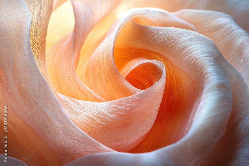 Poster peach-colored silk fabric softly draped, creating a rose-like swirl; illuminated by soft light.