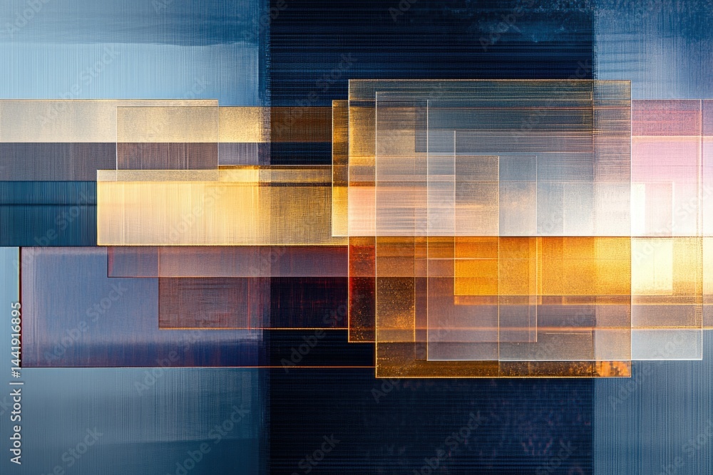 Aufkleber abstract artwork featuring overlapping translucent squares in gold, brown, and blue hues, creating a