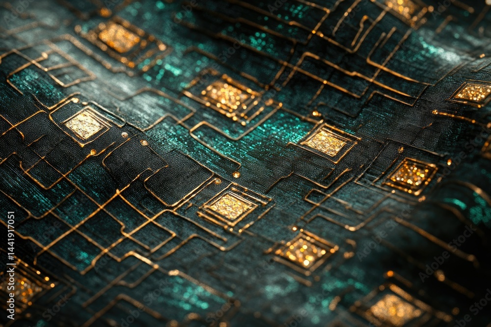 Poster abstract image of a circuit board with gold and teal accents, resembling a futuristic technology.