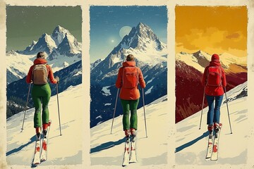 Retro winter adventure: skiing through three seasons in vintage style card design