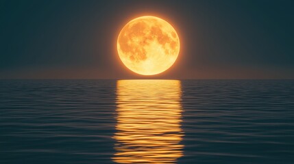 Beautiful sunset with full moon shining over calm ocean water creating reflections during twilight