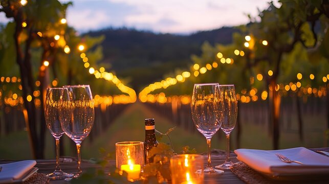 Rustic dinner in a vineyard with lights and wine glasses..