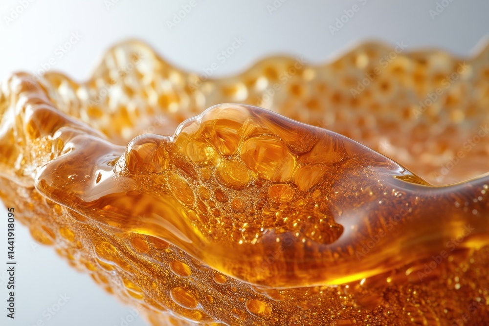 Poster close-up of amber liquid with bubbles, showcasing its texture and viscosity.