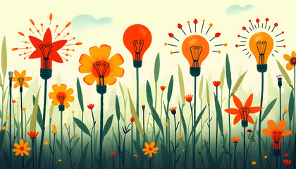 Creative Garden: Illustration where plants and flowers have shapes of different ideas (bulbs, notes, brushes), creating an image of a blooming garden of creativity.