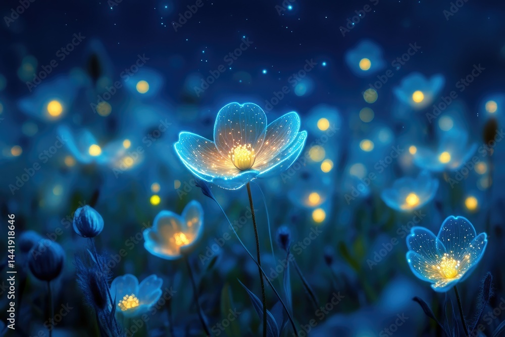 Poster glowing blue flowers illuminate a magical night field, creating an ethereal and enchanting scene.