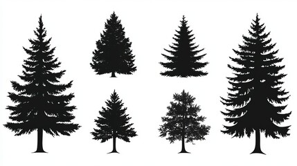 Obraz premium Collection of six evergreen tree silhouettes black and white vector illustration fir set art pine