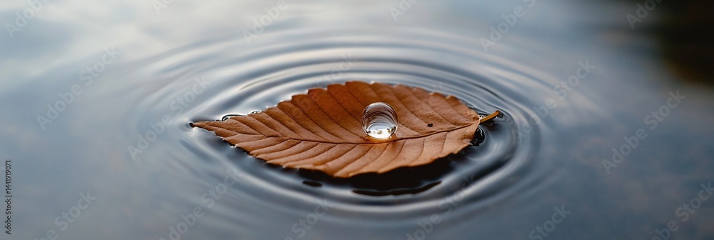 Fototapete a single autumn leaf floats on calm water, a water droplet rests on its surface creating concentric 