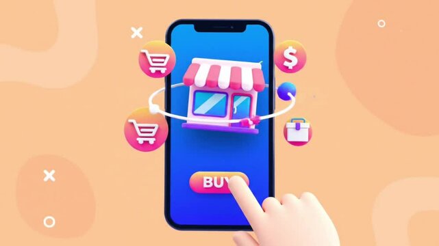 3D Cartoon Hand Tapping Mobile Buy Button for Online Shopping App with Storefront, Shopping Cart, Dollar, and Package Icons on Orange Background