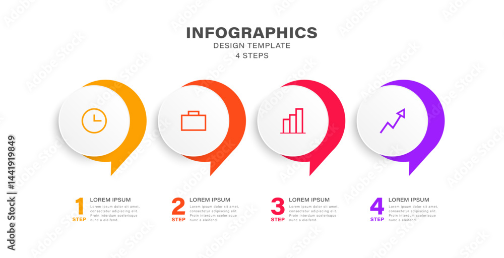 Aufkleber four steps infographic design template with four options and icons. speech bubble infographic design