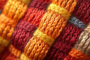 Close-up of richly colored, textured knitted fabric with interwoven threads in autumnal hues.