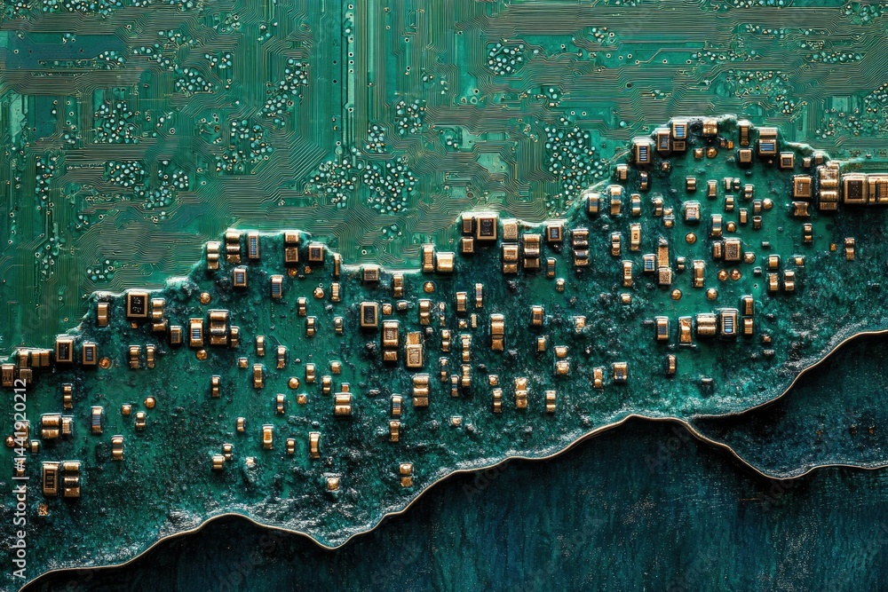 Poster Abstract close-up of a teal circuit board, showcasing intricate electronic components and pathways.