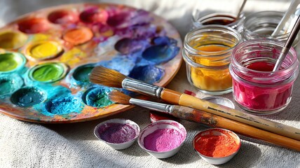 Mindful wellness habits colorful painting supplies for creative artistry A vibrant array of paint colors on a palette, alongside brushes and jars, perfect for inspiring creativity 