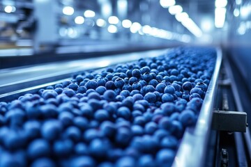 Fototapeta premium Blueberries moving on a conveyor belt in a food processing plant.