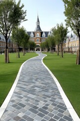 Winding Stone Pathway to Grand Building with Tower, Lush Green Lawns and Trees