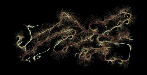 Abstract beige fiber digital art on black technology background. Bokeh and transparent composition