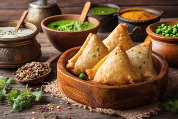 Golden Fried Samosas with Chutneys in Wooden Bowls on Burlap & Wood Surface