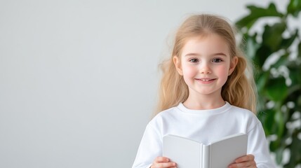Girl holding book, soft lighting, bright clean style, high-resolution image, portrait close-up, gentle smile, reading quietly, plant backdrop, warm cheerful tones, perfect for education ads