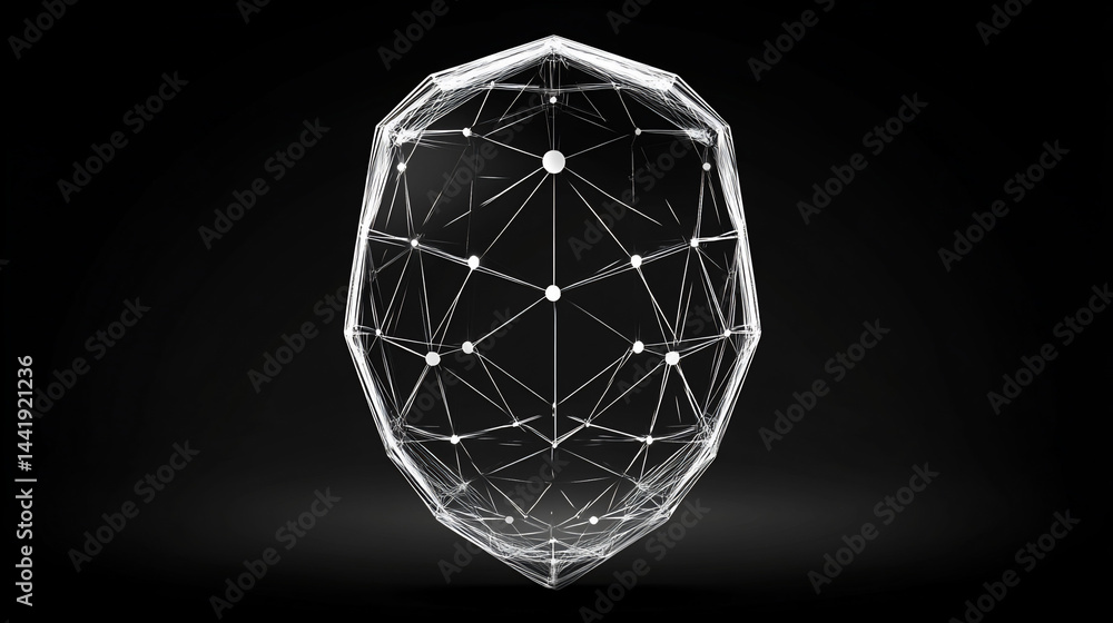 Poster Abstract polygonal shield-shaped geometric object with glowing lines and dots on dark background.