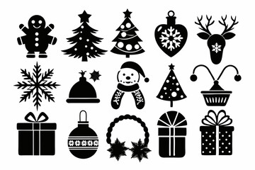 Christmas black and White Icon Set silhouette And White Background
