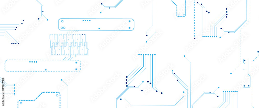 Poster Glowing light blue neon AI chip with thin circuit contact lines. Technology lines circuit and dots on white background, circuit board network connection.