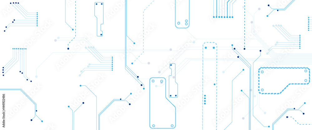 Poster Glowing light blue neon AI chip with thin circuit contact lines. Technology lines circuit and dots on white background, circuit board network connection.