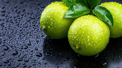 Bright green limes with condensation resting on dark surface, showcasing freshness and vibrancy