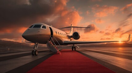 Private jet on a runway at sunset, red carpet laid out to the door, with elegant lighting and open stairs waiting. 