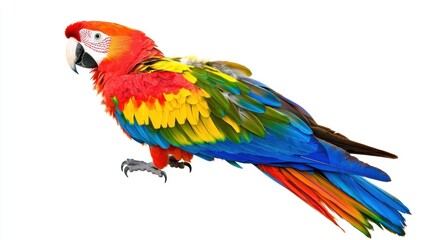 Fototapeta premium A colorful parrot resting on its feet, isolated on white