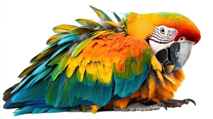 A colorful parrot resting on its feet, isolated on white