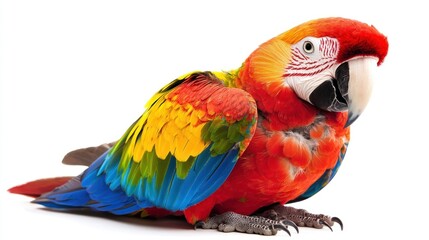 Fototapeta premium A colorful parrot resting on its feet, isolated on white