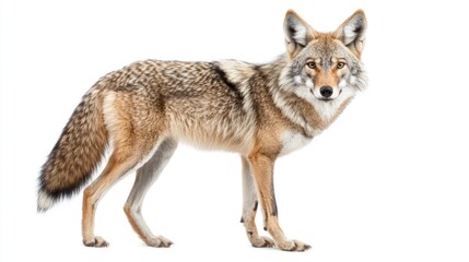 Obraz premium A coyote standing with alert ears, against white