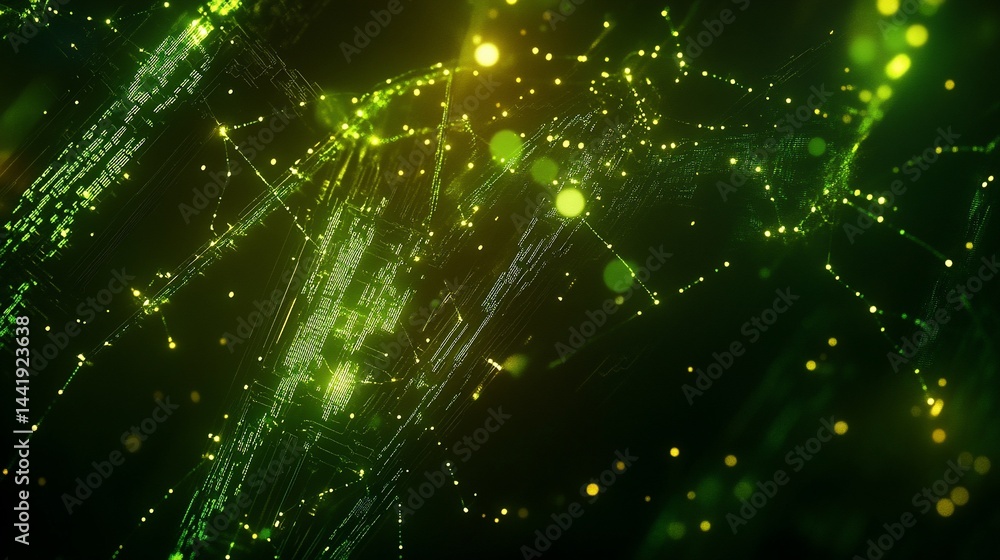 Aufkleber Abstract green glowing particles and lines forming a complex network on a dark background.