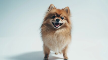 A fluffy Pomeranian dog standing with a playful expression, on white
