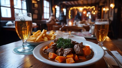 Another serving of Belgian stoofvlees beef stew with fries and frosty beer, captured in the warmth of a cozy pub in a charming medieval town, perfect for a relaxing meal.  