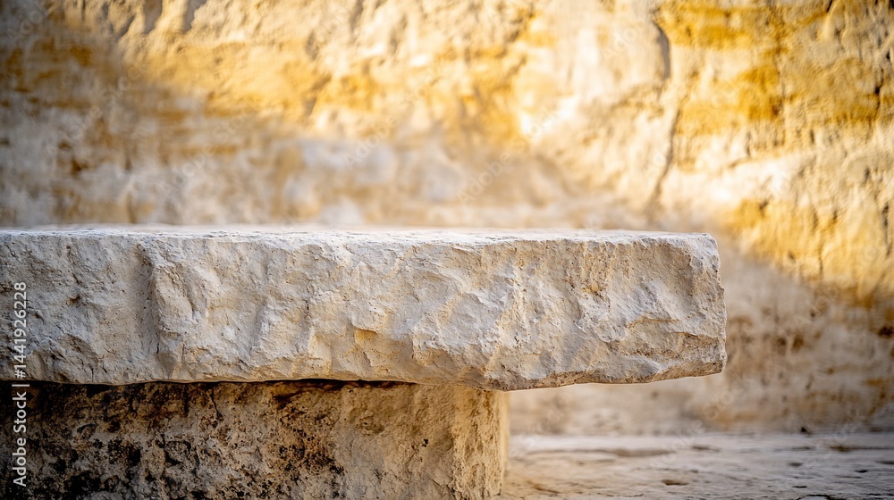 Aufkleber Close-up of a rough-hewn stone block or step, possibly part of an ancient structure, set against a textured, ochre-toned stone wall.