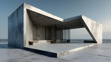 Obraz premium A modern 3D render of a minimalist concrete pavilion with angular shapes and smooth surfaces. 