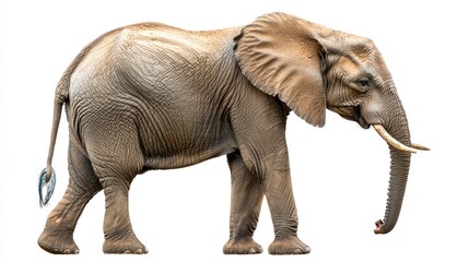 Obraz premium A full-grown elephant standing with its trunk lowered, against white