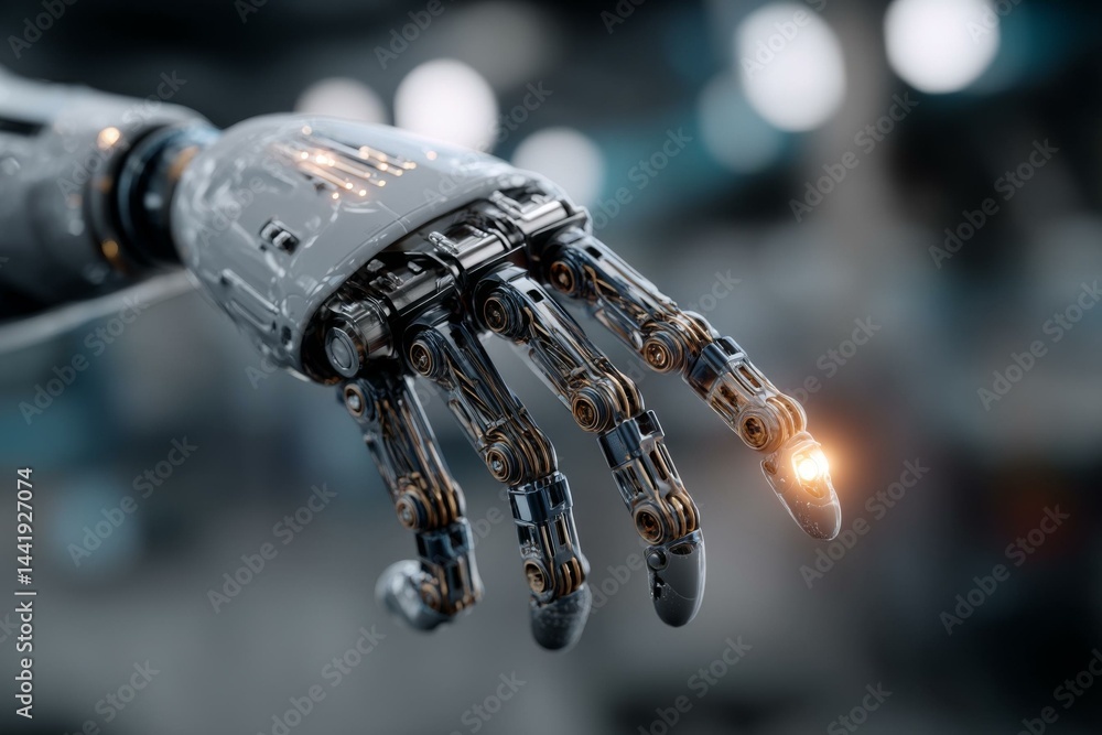 Poster close-up of advanced robotic hand with intricate mechanical details and illuminated fingertip agains