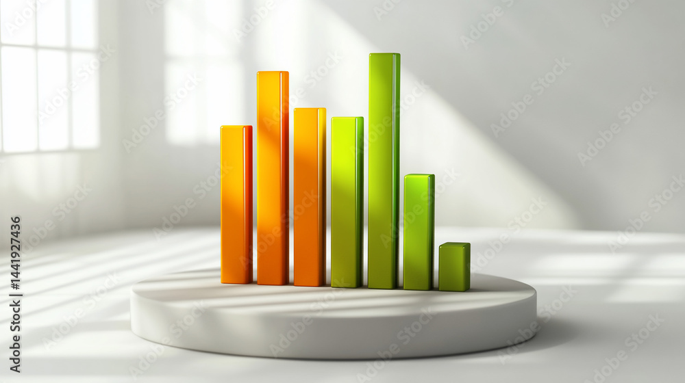 Poster 3d bar graph showing growth and decline, on a white platform in a bright room.