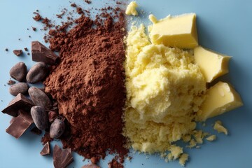 Baking Ingredients: Cocoa Powder, Butter and Chocolate Chunks, and Cacao Beans Arranged on a Smooth Blue Surface